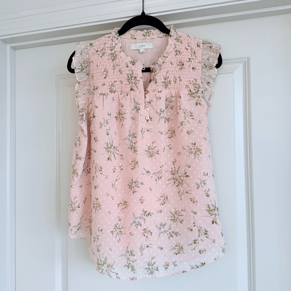 LOFT Garden Smocked Ruffle Button Top